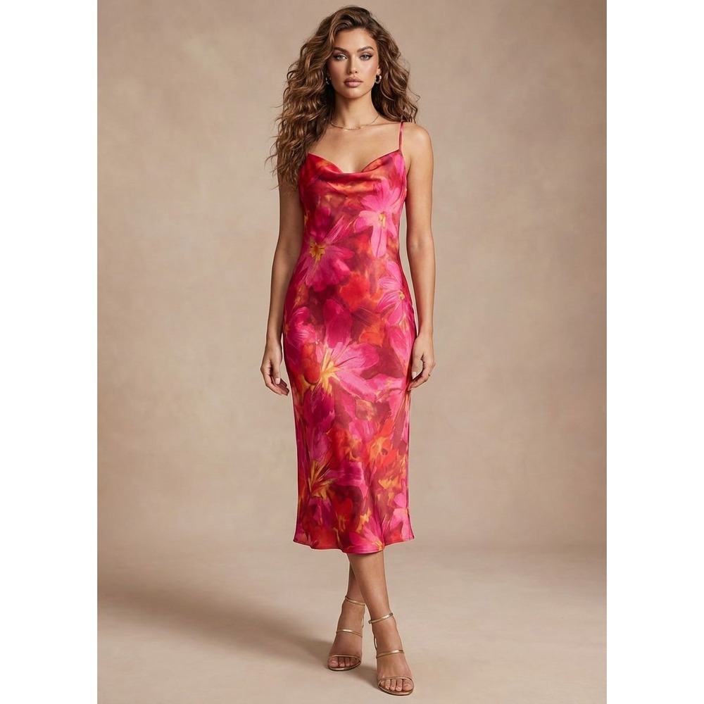 Sara‎ Michelle Slip Dress Womens L Satin Pink Floral Y2K Coquette Romantic Midi